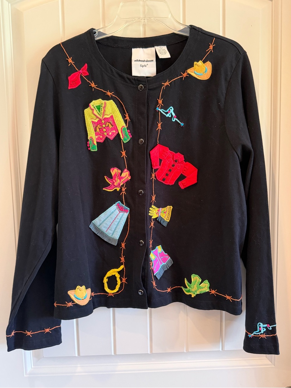 Michael Simon Black Button-Down Cardigan with Colorful Western Appliqués